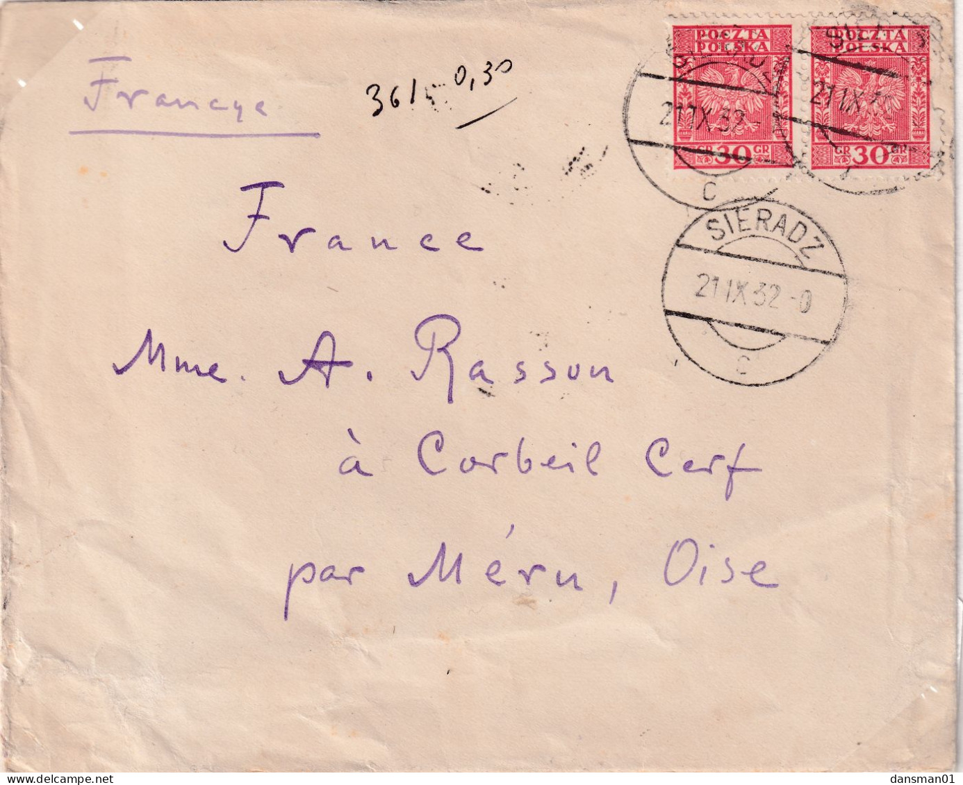 Poland 1932 Fi 256 Cover Sieradz To France (21 IX 32) - Covers & Documents