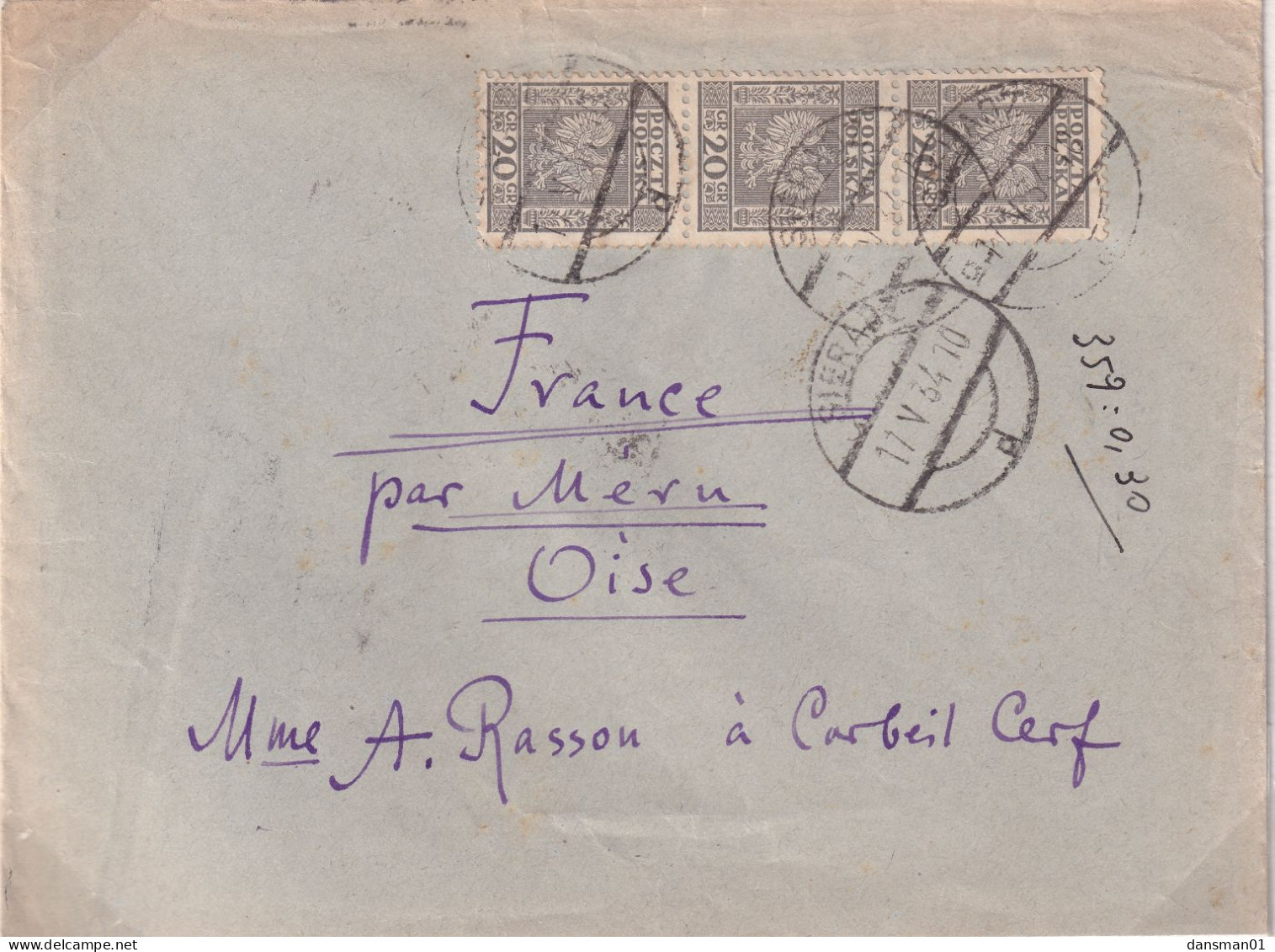 Poland 1934 Fi 254 Cover Sieradz To France (17 V 34) - Covers & Documents