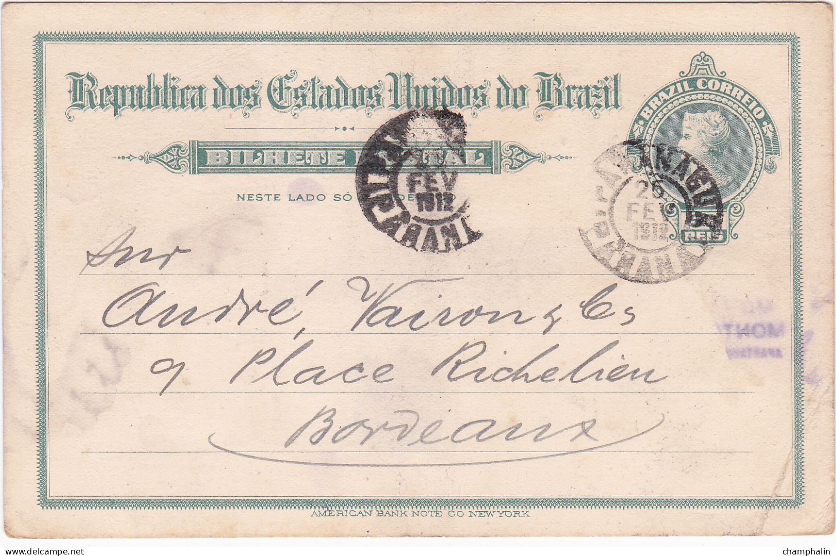 Brésil - Entier Postal De Paranagua Pour Bordeaux (33) - 24 Février 1912 - Préaffranchi 50r - 3 CAD - Postwaardestukken