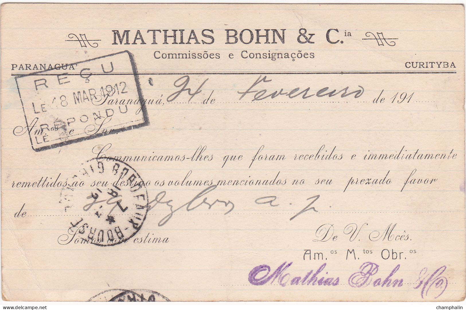 Brésil - Entier Postal De Paranagua Pour Bordeaux (33) - 24 Février 1912 - Préaffranchi 50r - 3 CAD - Interi Postali