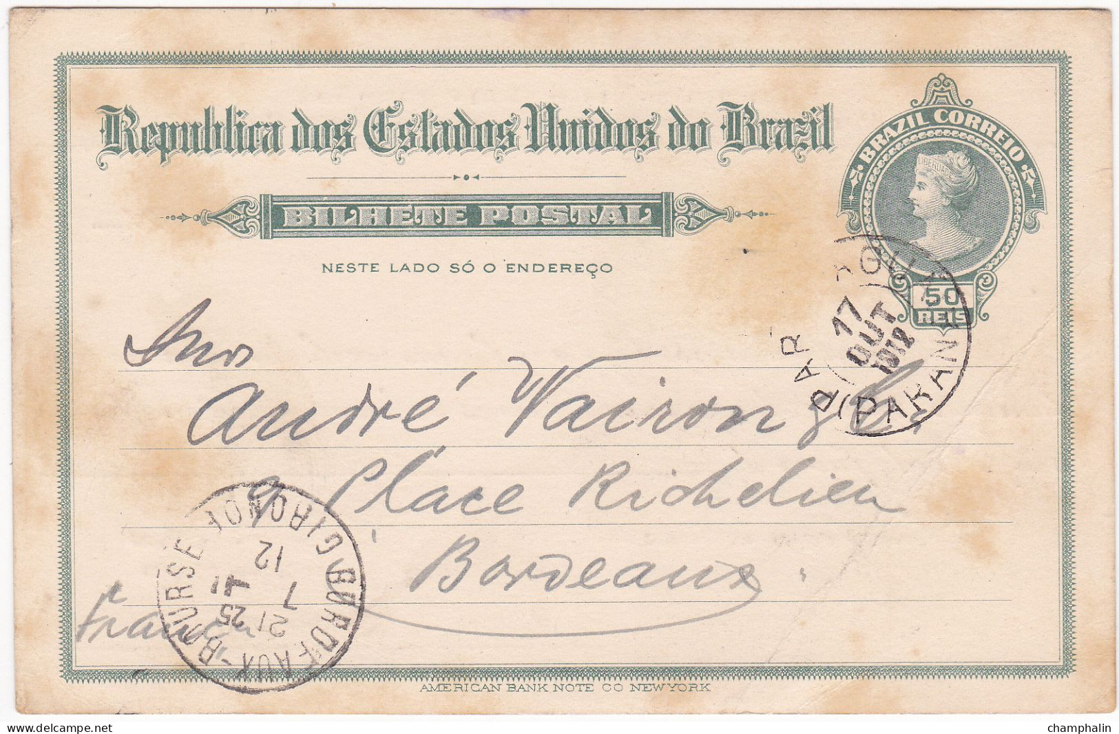 Brésil - Entier Postal De Paranagua Pour Bordeaux (33) - 15 Octobre 1912 - Préaffranchi 50r - 2 CAD - Entiers Postaux