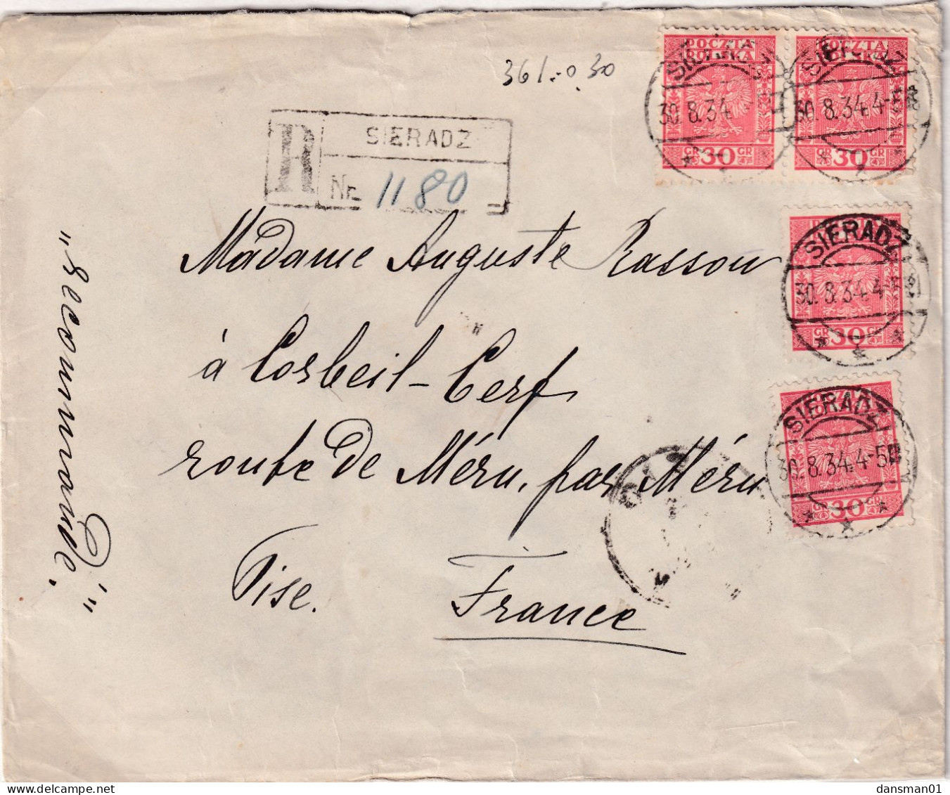 Poland 1932 Fi 256 Registered Cover Sieradz To France (30.8.34) - Covers & Documents