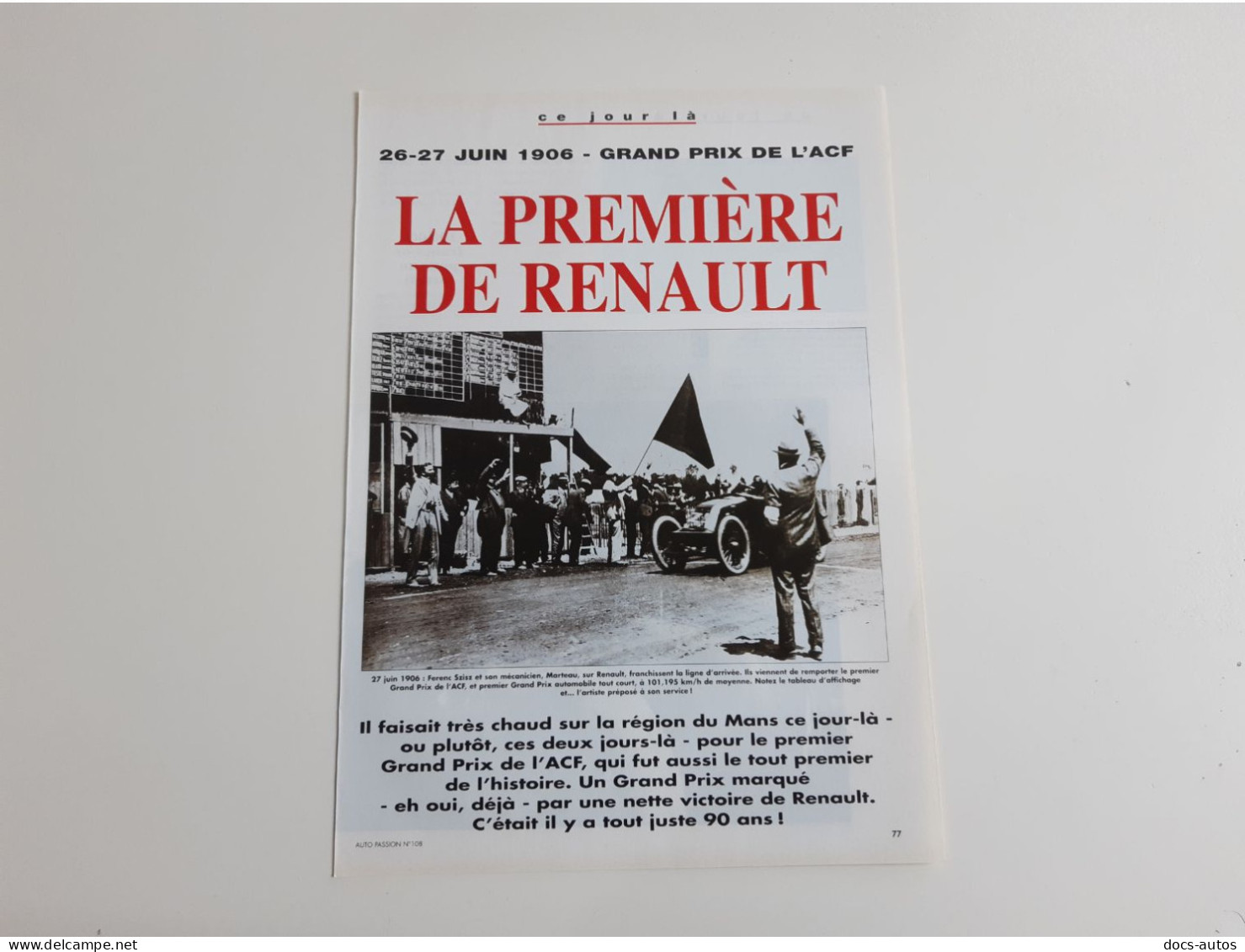 Grand Prix De L'ACF 1906 - Coupure De Presse Automobile - Andere & Zonder Classificatie