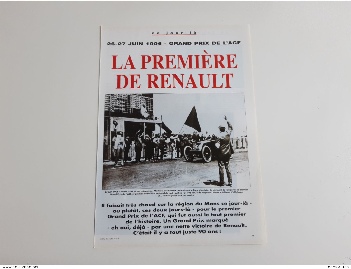 Grand Prix De L'ACF 1906 - Coupure De Presse Automobile - Autres & Non Classés