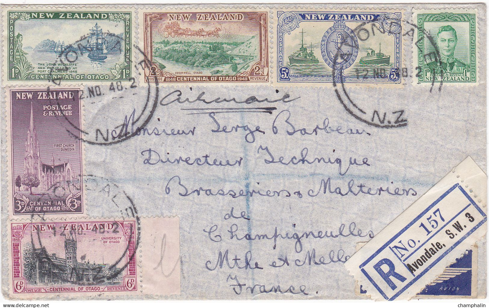 Nouvelle-Zélande - ESC De Avondale Pour Champigneulles (54) - CAD 12 Novembre 1948 - 6 Timbres  - Recommandé - Brasserie - Cartas & Documentos