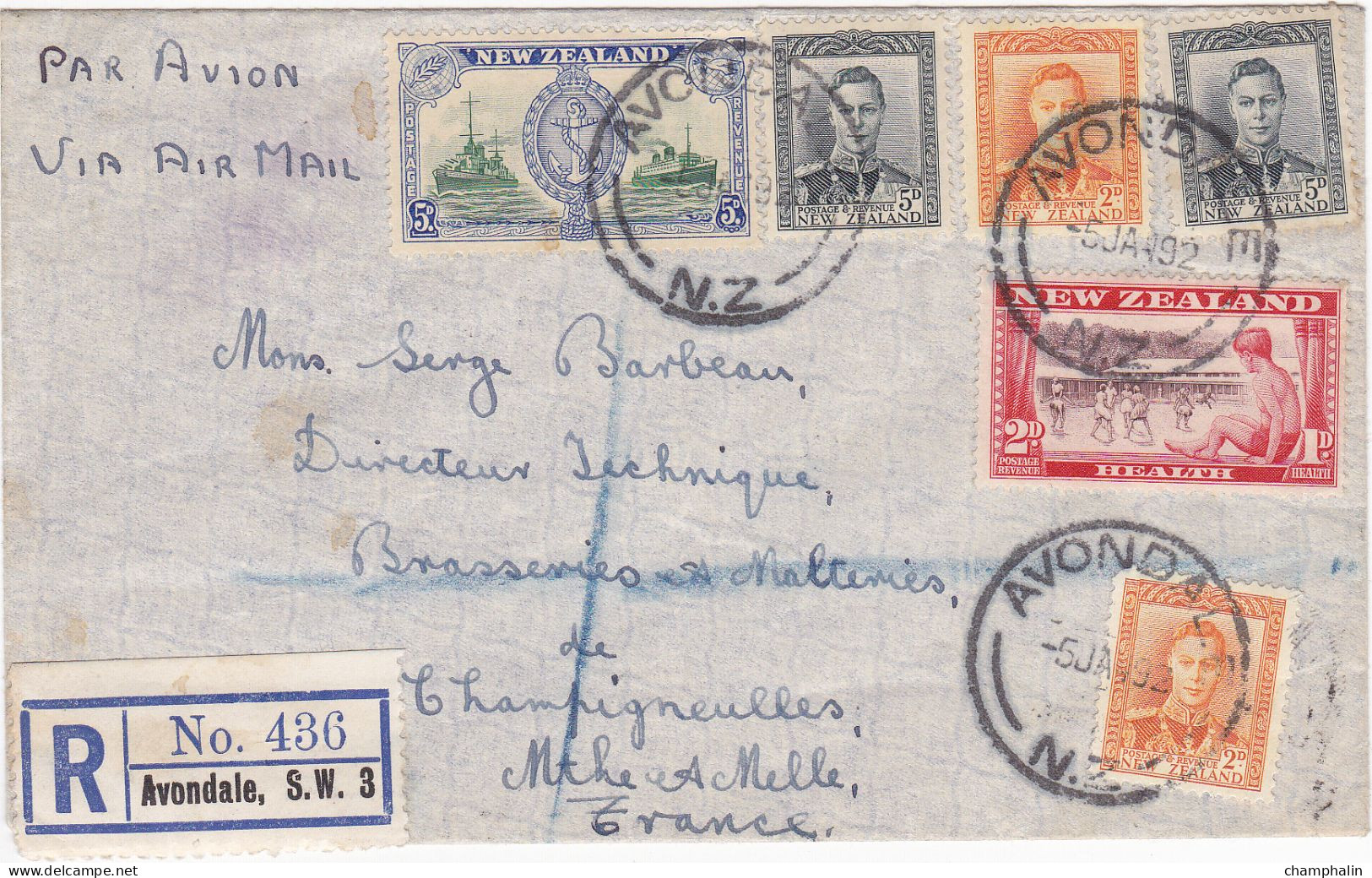 Nouvelle-Zélande - ESC De Avondale Pour Champigneulles (54) - CAD 5 Janvier 1949 - 6 Timbres - Recommandé - Brasserie - Cartas & Documentos