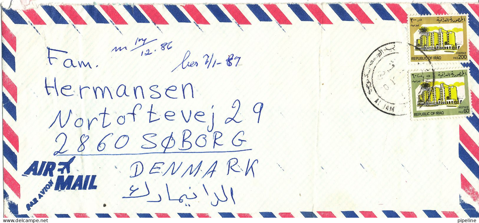 Iraq Air Mail Cover Sent To Denmark 1986 (the Cover Is Folded) - Iraq