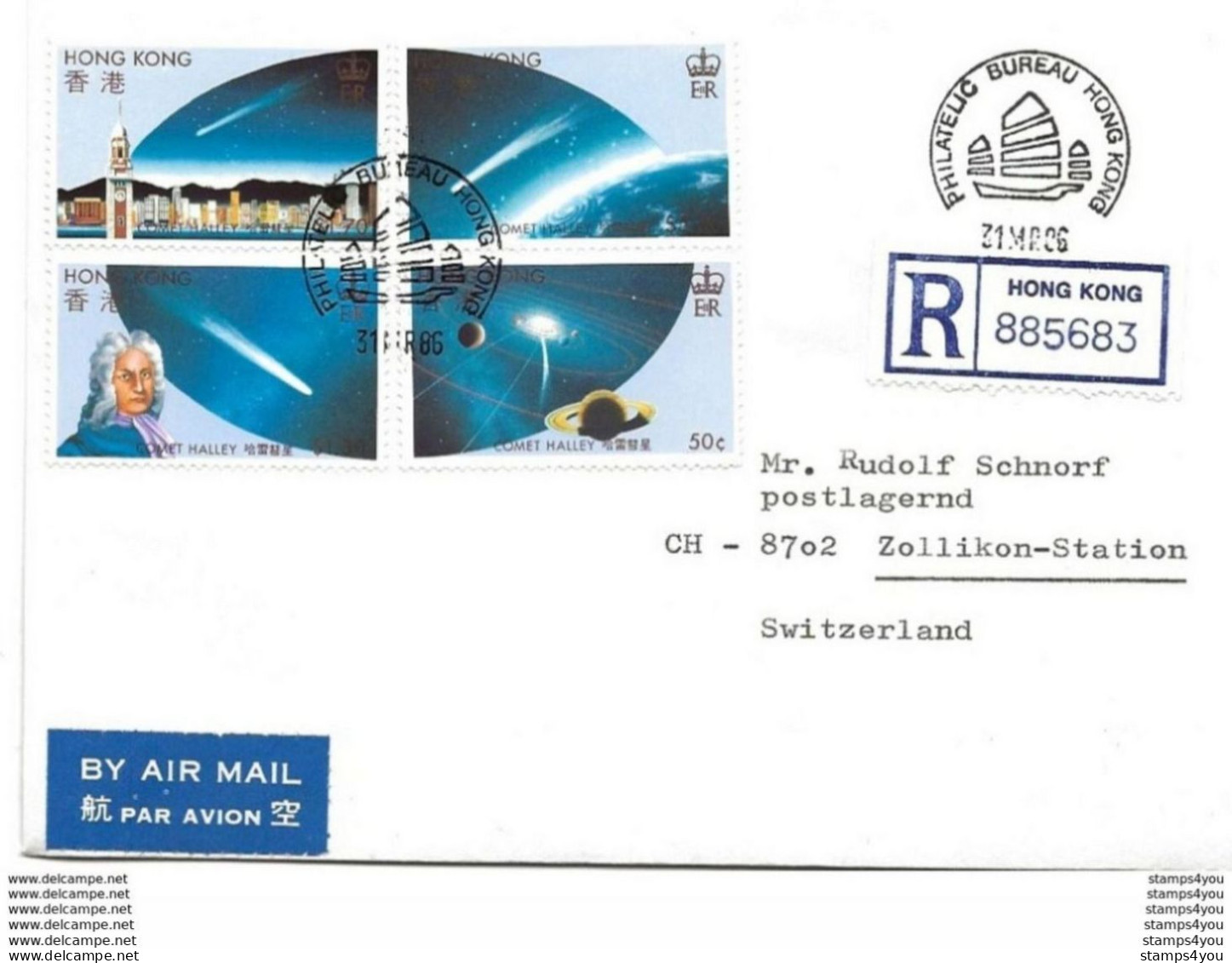 239 - 13 - Enveloppe Recommandée Envoyée De HongKong En Suisse - Série Comète Halley 1986 - Briefe U. Dokumente