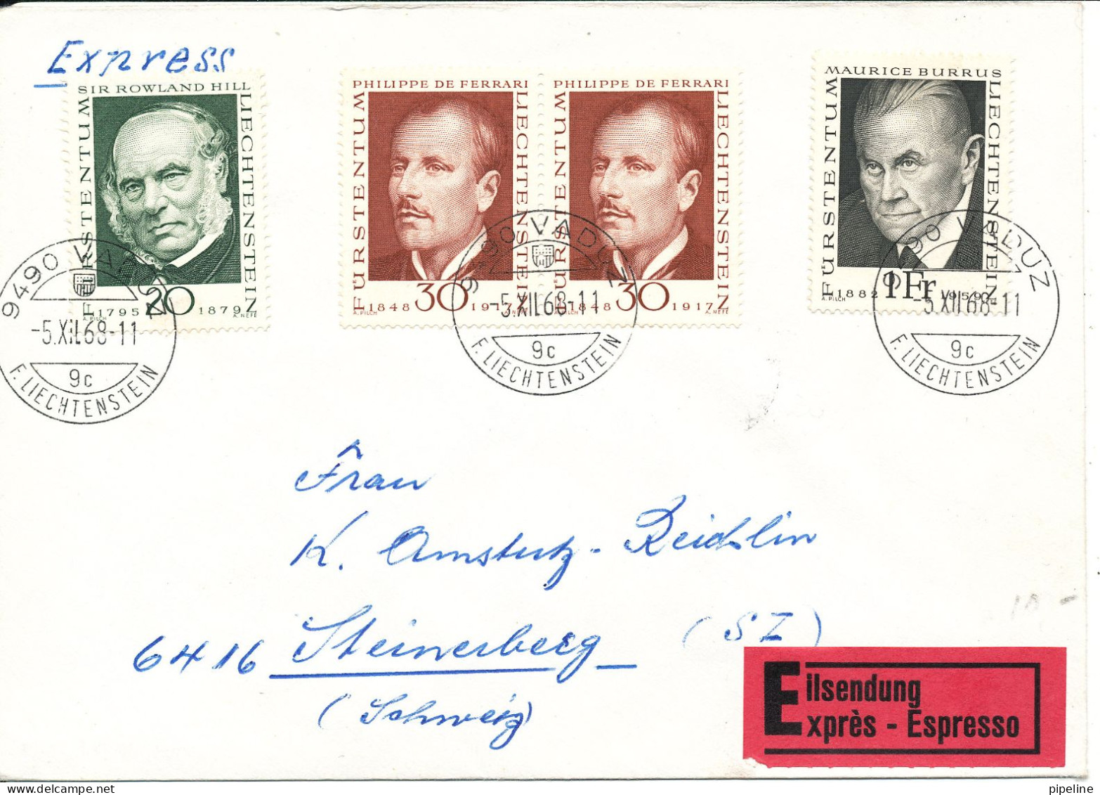 Liechtenstein Express Cover Sent To Switzerland Vaduz 5-12-1968 - Covers & Documents