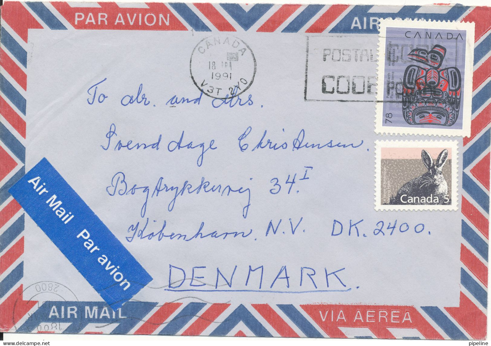 Canada Air Mail Cover Sent To Denmark 18-3-1991 - Luftpost