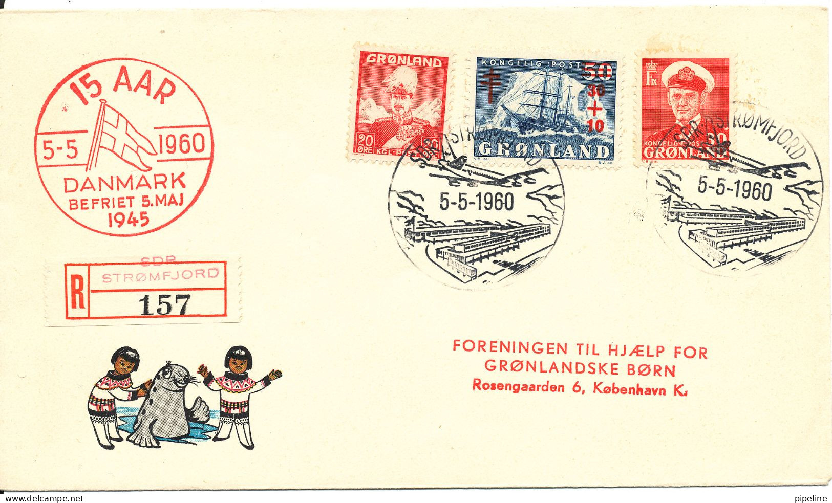 Greenland Registered Cover Special Postmark Sdr. Strömfjord 5-5-1960 15 Years Anniversary Liberation Of Denmark - Brieven En Documenten