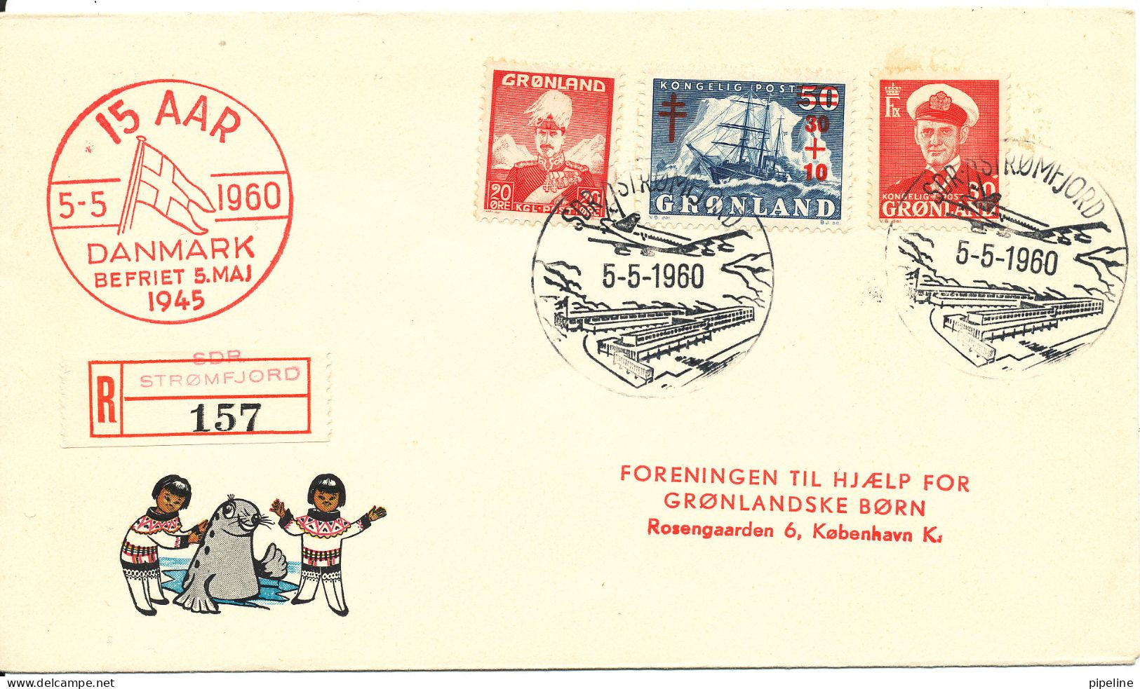 Greenland Registered Cover Special Postmark Sdr. Strömfjord 5-5-1960 15 Years Anniversary Liberation Of Denmark - Lettres & Documents