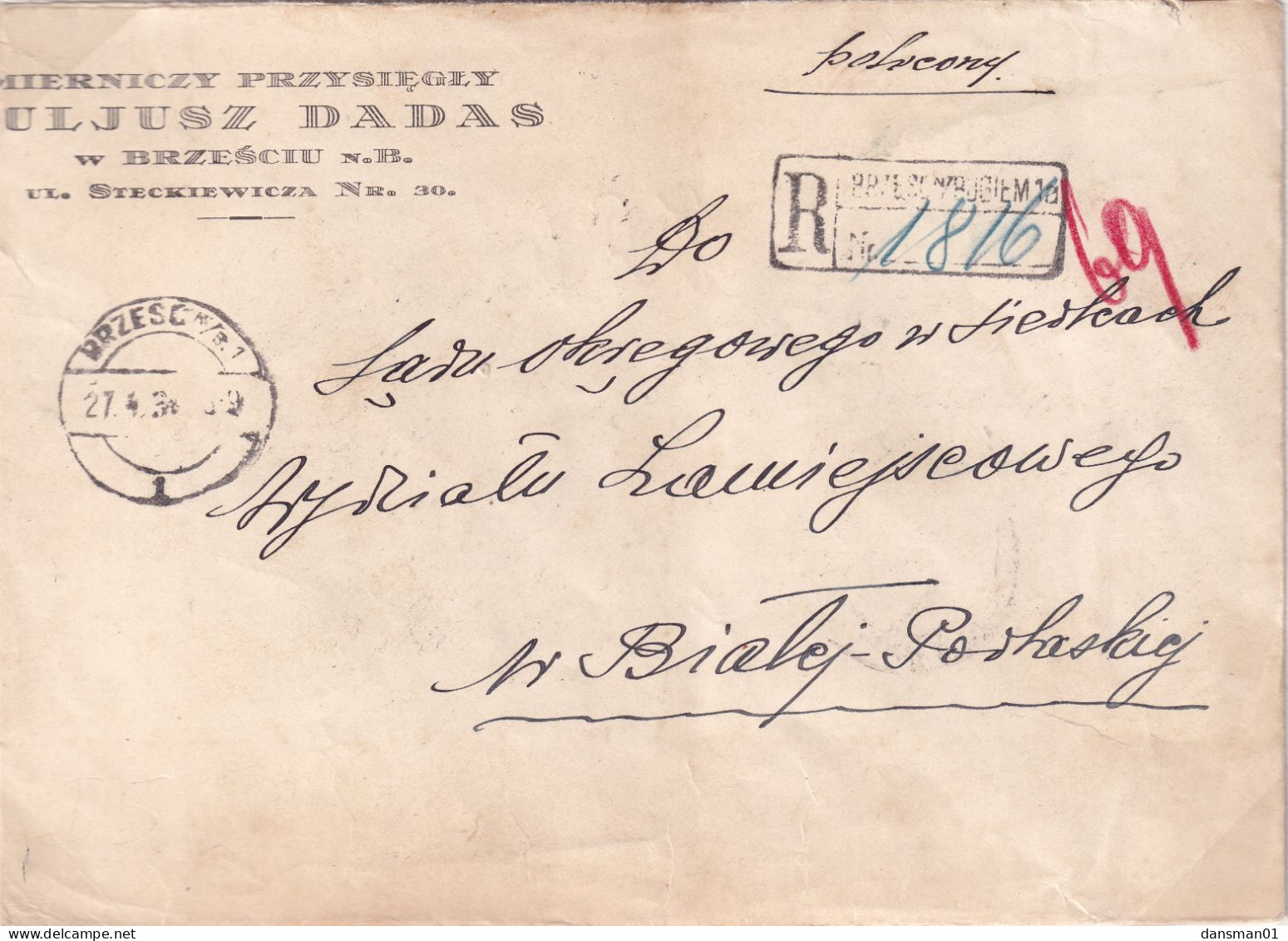 Poland 1934 Registered Cover Bresc N?Bugiem To Biala Podlaska - Storia Postale