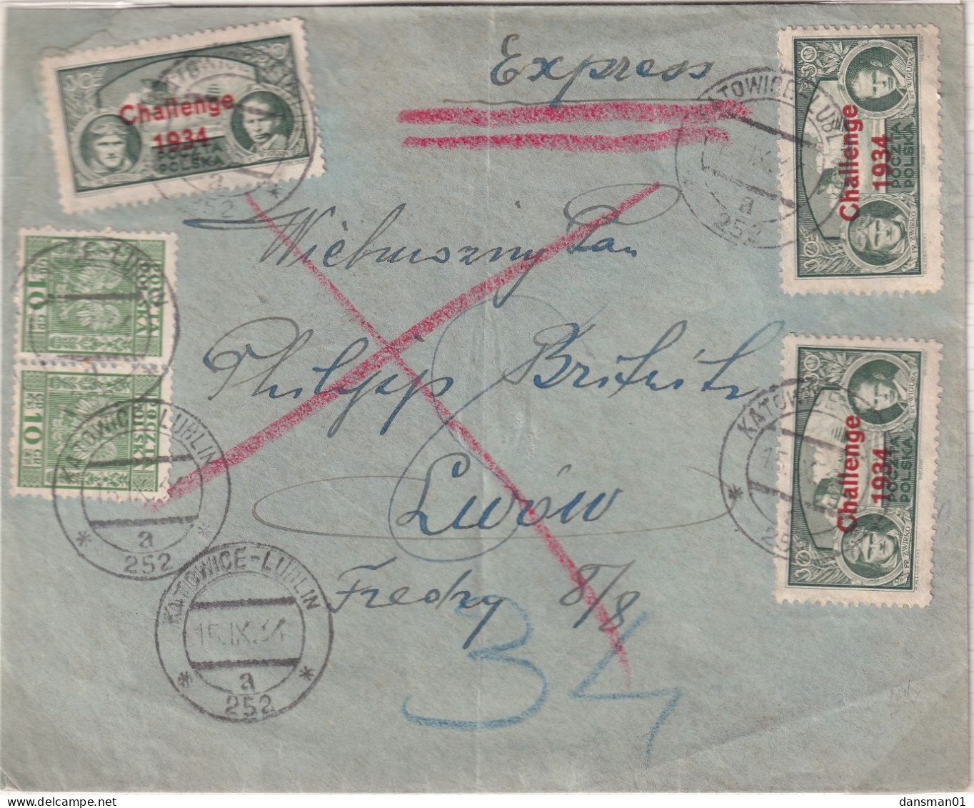 Poland 1934 Challenge Cover Fi 269 Katowice-Lublin To LWOW Railway Cancel - Covers & Documents