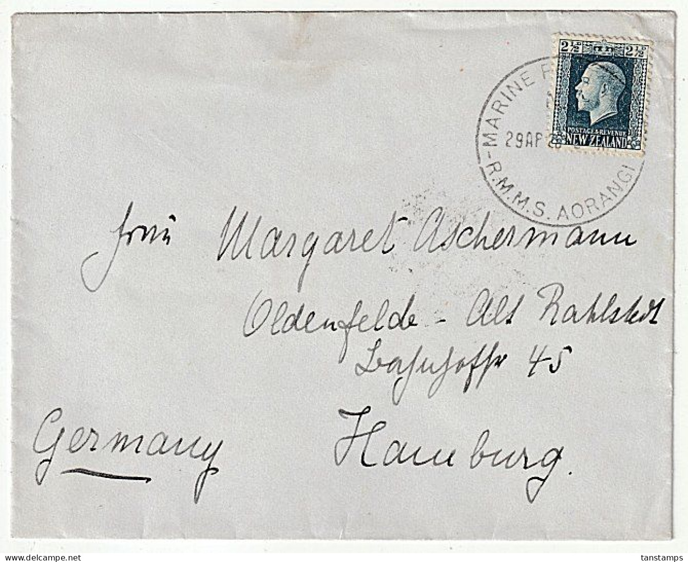 1926 UNION STEAMSHIP CO R.M.M .S "AORANGI" NZ MARINE POST OFFICE TO HAMBURG. - Gebraucht