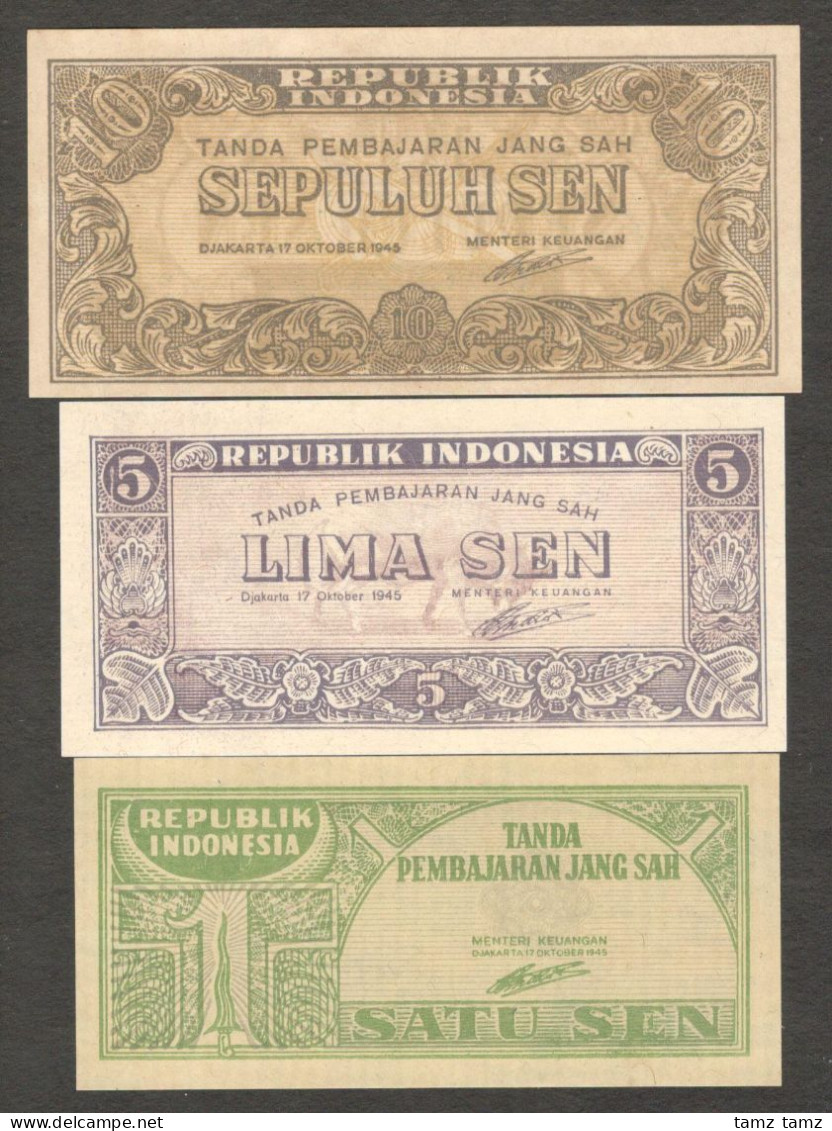 Set 3 Pcs Oeang Republik Indonesia (ORI) 10 5 1 Sen 1945 P-13 14 15 UNC - Indonesië