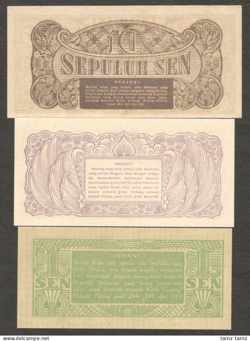 Set 3 Pcs Oeang Republik Indonesia (ORI) 10 5 1 Sen 1945 P-13 14 15 UNC - Indonesië