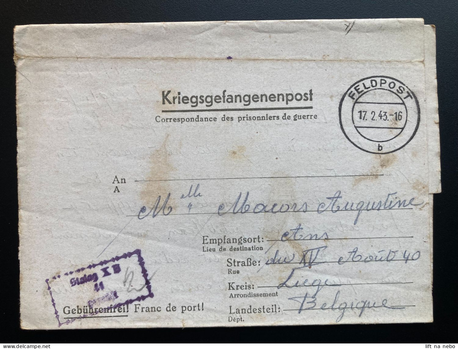 From Stalag X B 17.2.1943 To Belgium Liege WWII WW2 POW Prisoner Of War Censuur Geprüft KRIEGSGEFANGENENPOST - Courriers De Prisonniers