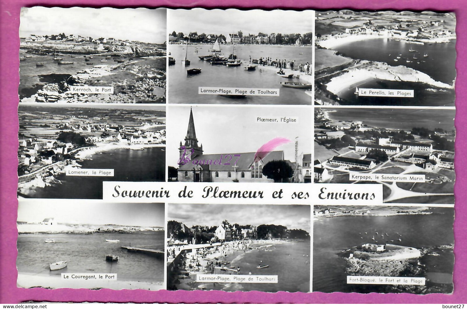 CPSM PLOEMEUR 56 - Souvenir L'eglise  Multivue Plage Port Fort Bloqué Voyagé 1964 - Ploemeur