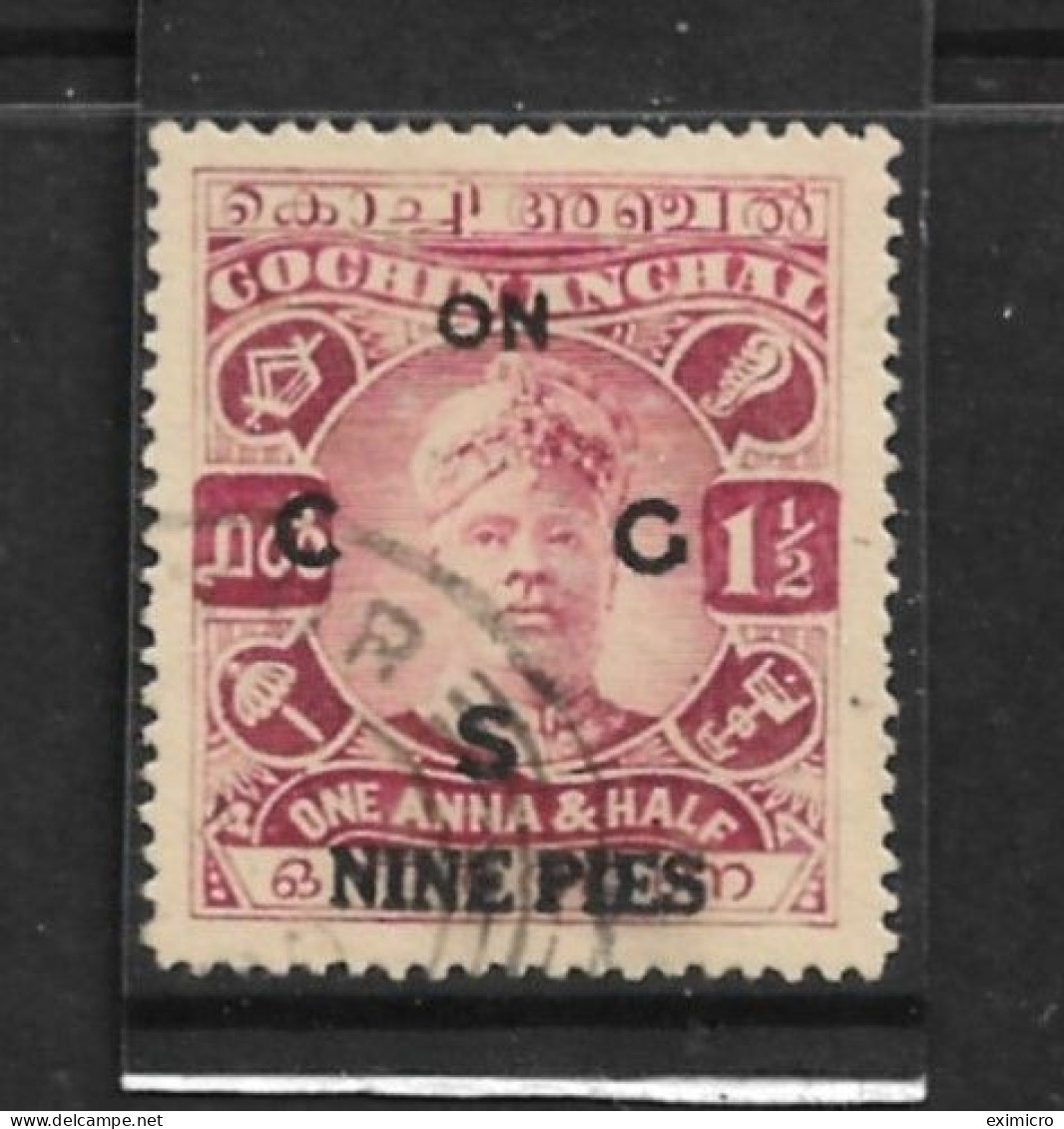 INDIA - COCHIN 1942 - 1943 OFFICIAL 9p On 1½a SG O57 FINE USED Cat £40 - Cochin