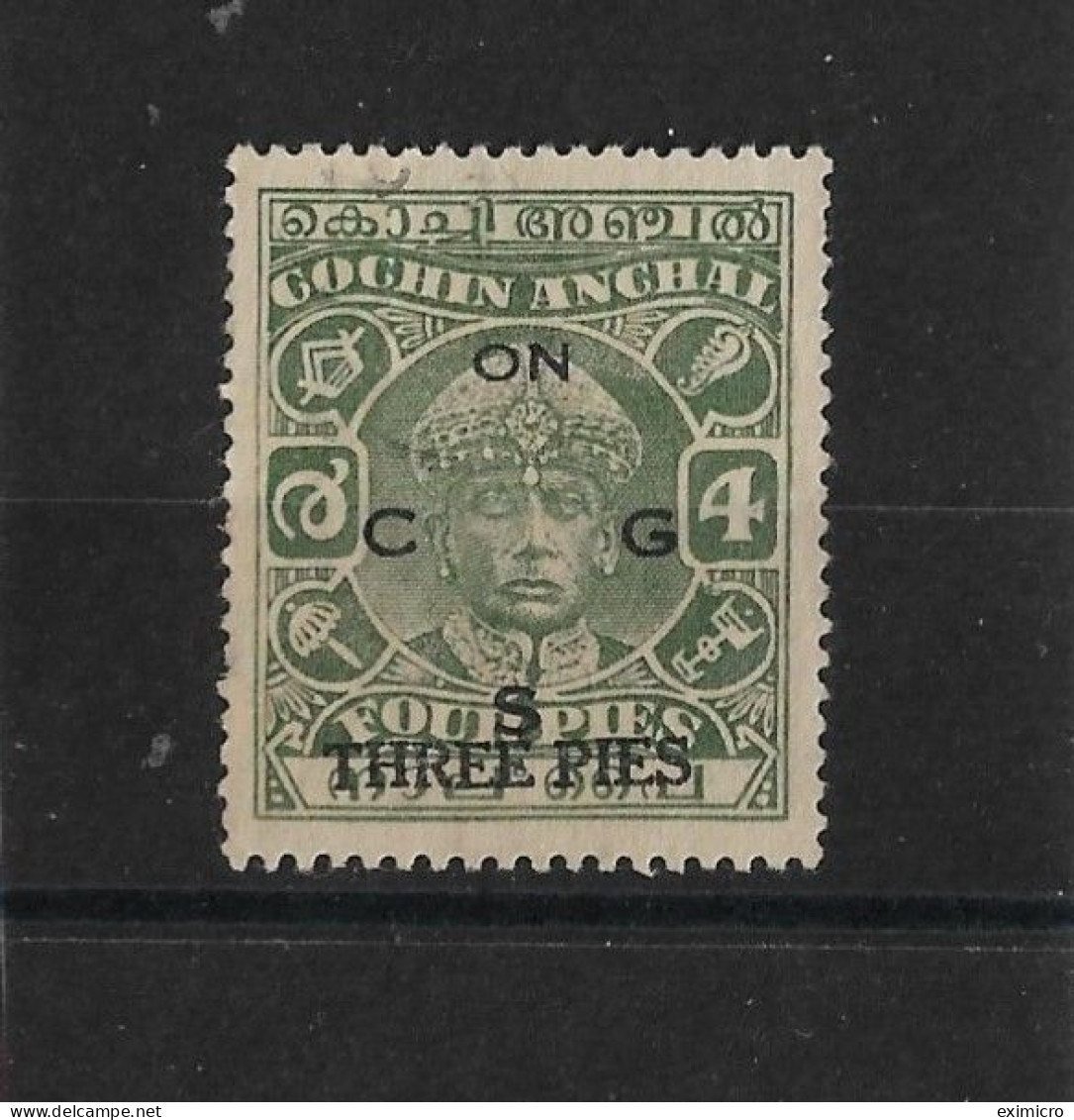 INDIA - COCHIN 1942 - 1943 SURCHARGE OFFICIAL 3p On 4p SG O67 PERF 13 X 13½ FINE USED Cat £75 - Cochin