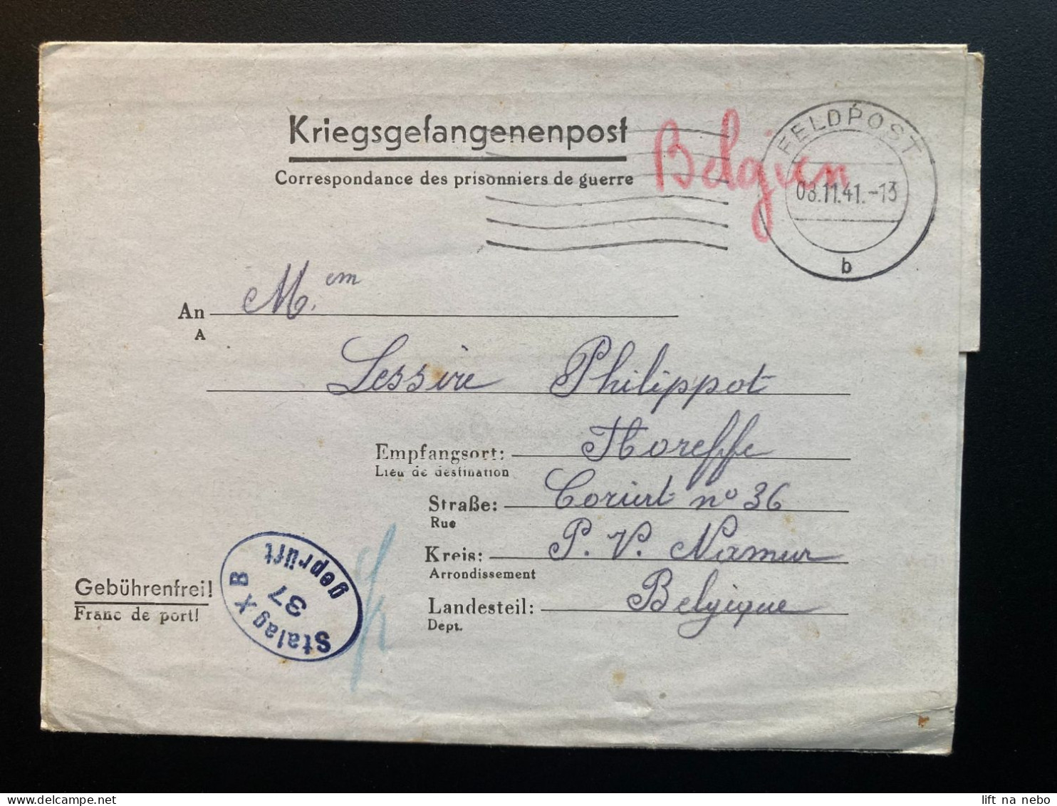 From Stalag X B 8.11.1941 To Belgium Namur WWII WW2 POW Prisoner Of War Censuur Geprüft KRIEGSGEFANGENENPOST - Prisoners Of War Mail