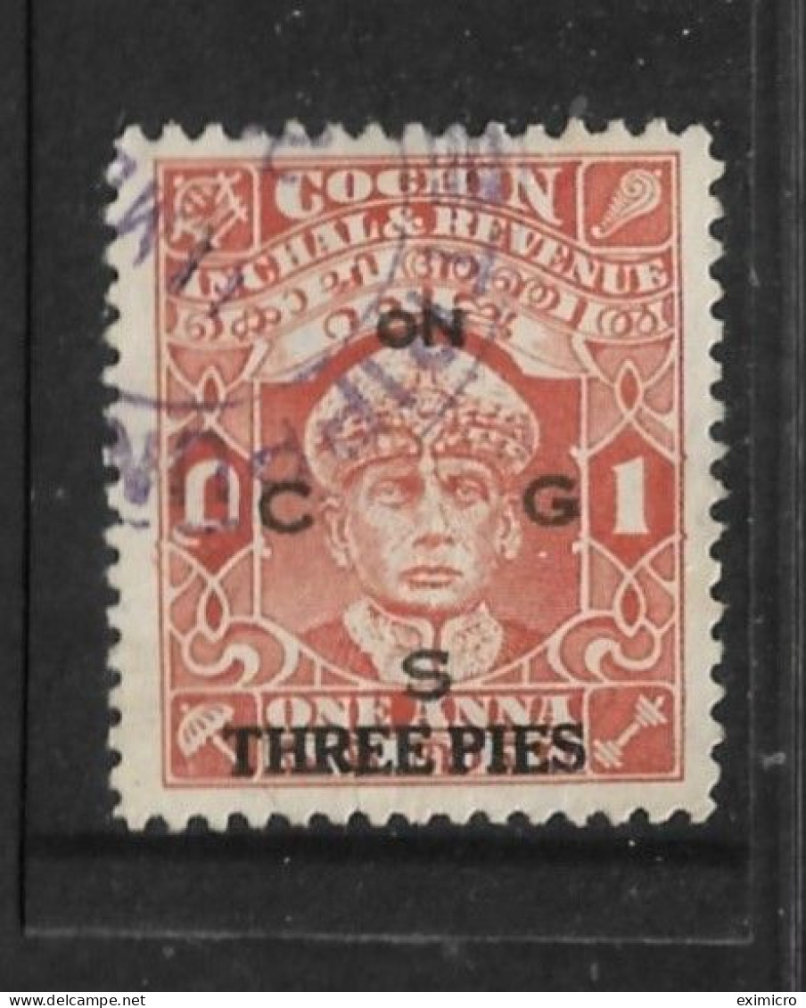 INDIA - COCHIN 1942 - 1943 SURCHARGE OFFICIAL 3p On 1a SG O67b PERF 11 FINE USED Cat £110 - Cochin