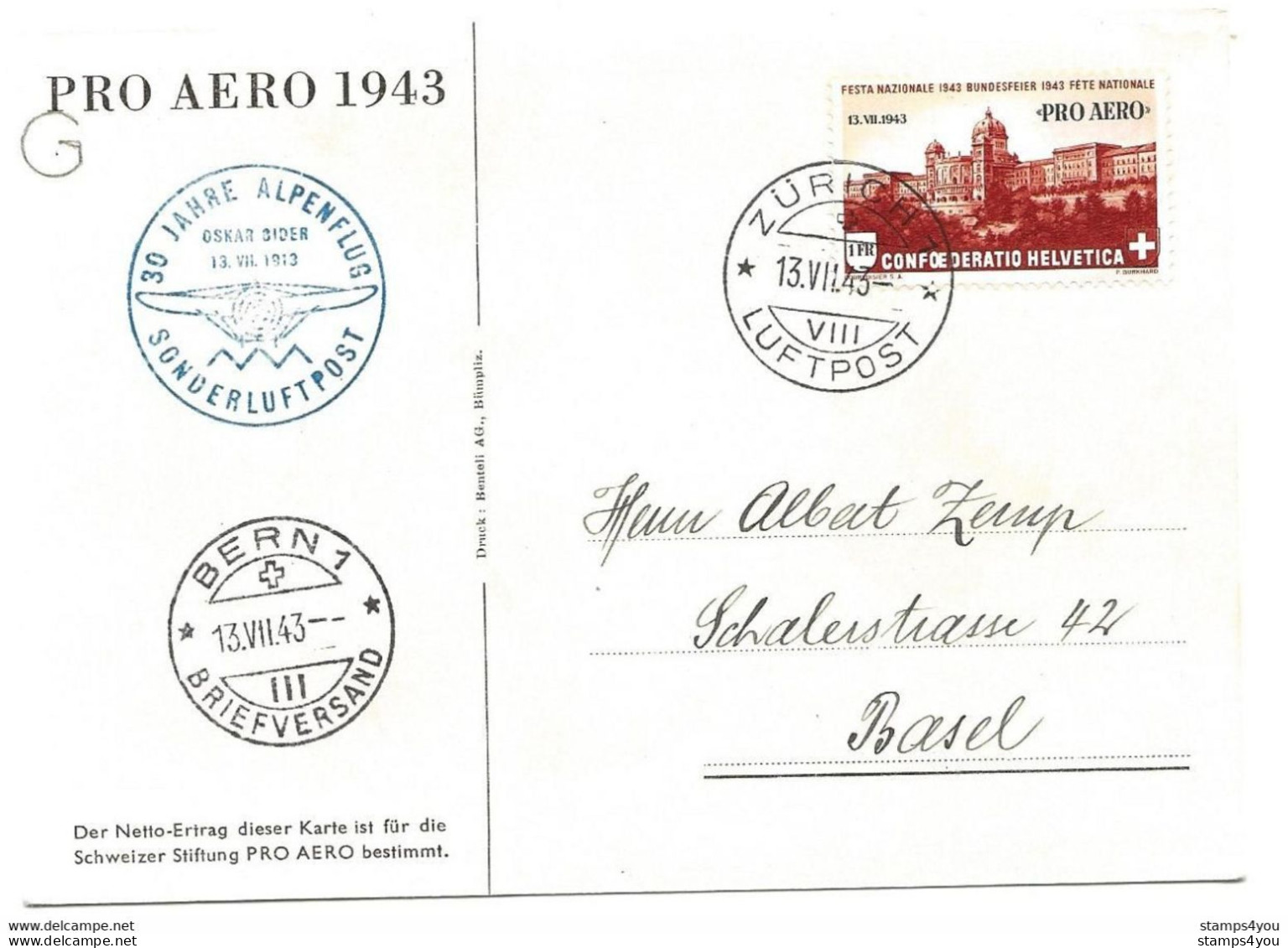 13 - 25 - Carte Pro Aero 1943 - 30 Jahre Alpenflug - Other & Unclassified