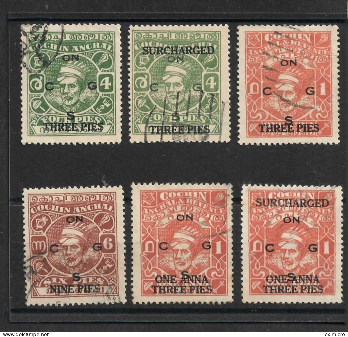 INDIA - COCHIN 1944 SURCHARGE OFFICIALS SG O74,O75,O76,O77,O79,O80 FINE USED Cat £24.95 - Cochin