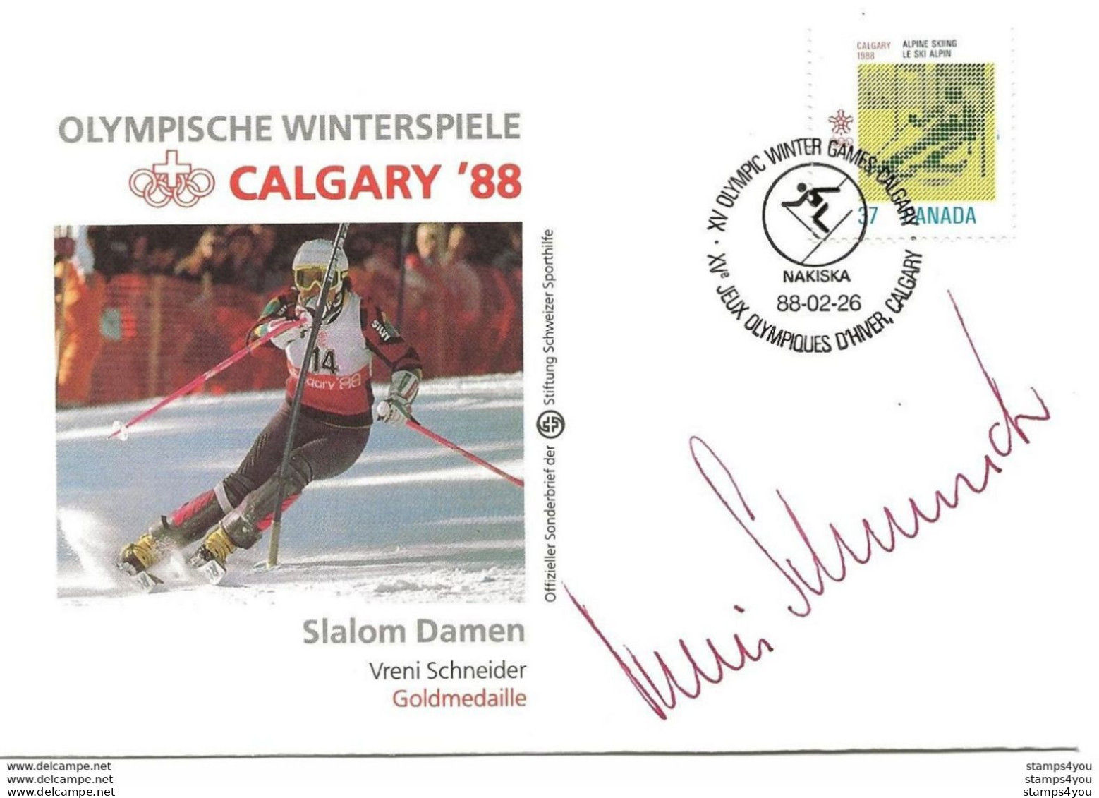 213 - 13 - Enveloppe  "Slalom Dames" Oblit Spéciale Et Signature Vreno Schneider Médaillée D'or - Hiver 1988: Calgary