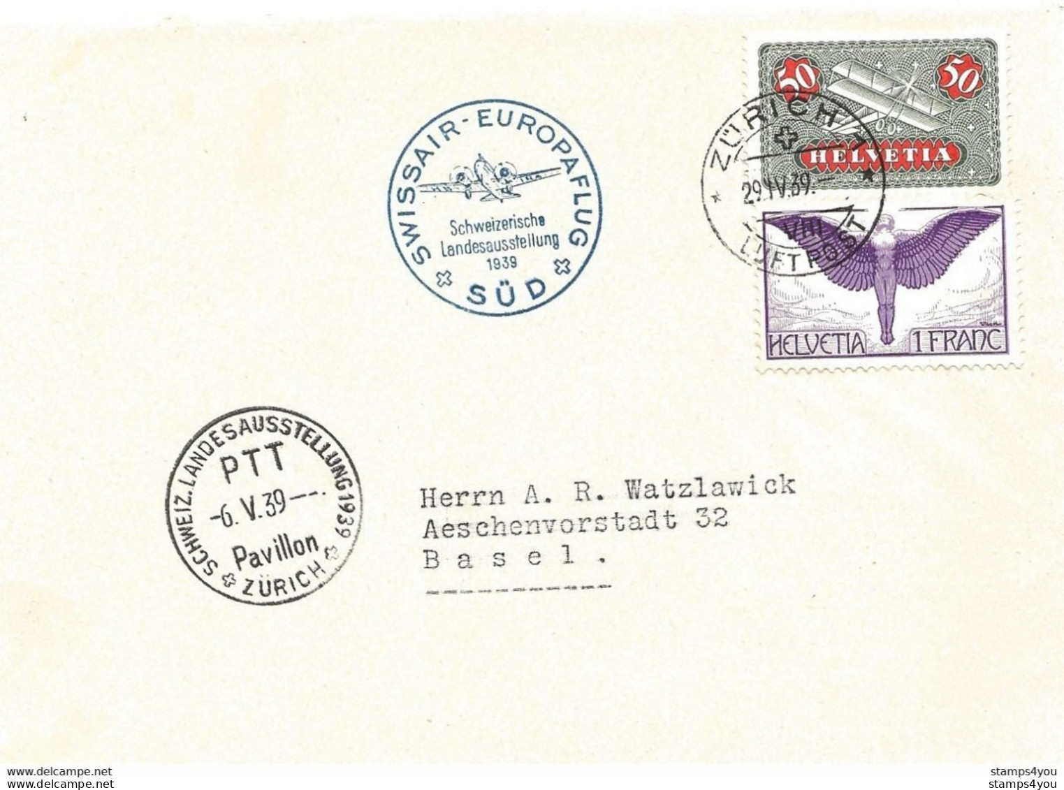 13 - 49 - Enveloppe Swissair-Europaflug  Sud    1939 - Andere & Zonder Classificatie