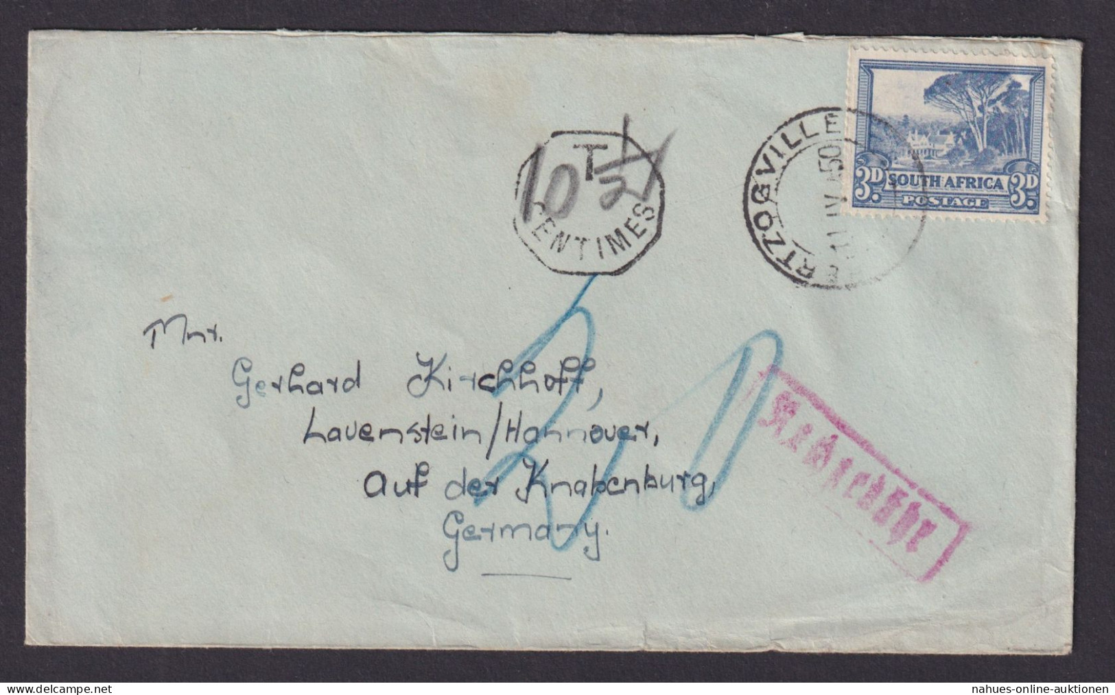 Südafrika Nachgebühr Brief Retoure Herzogville Lauenstein Hannover Niedersachsen - Lettres & Documents
