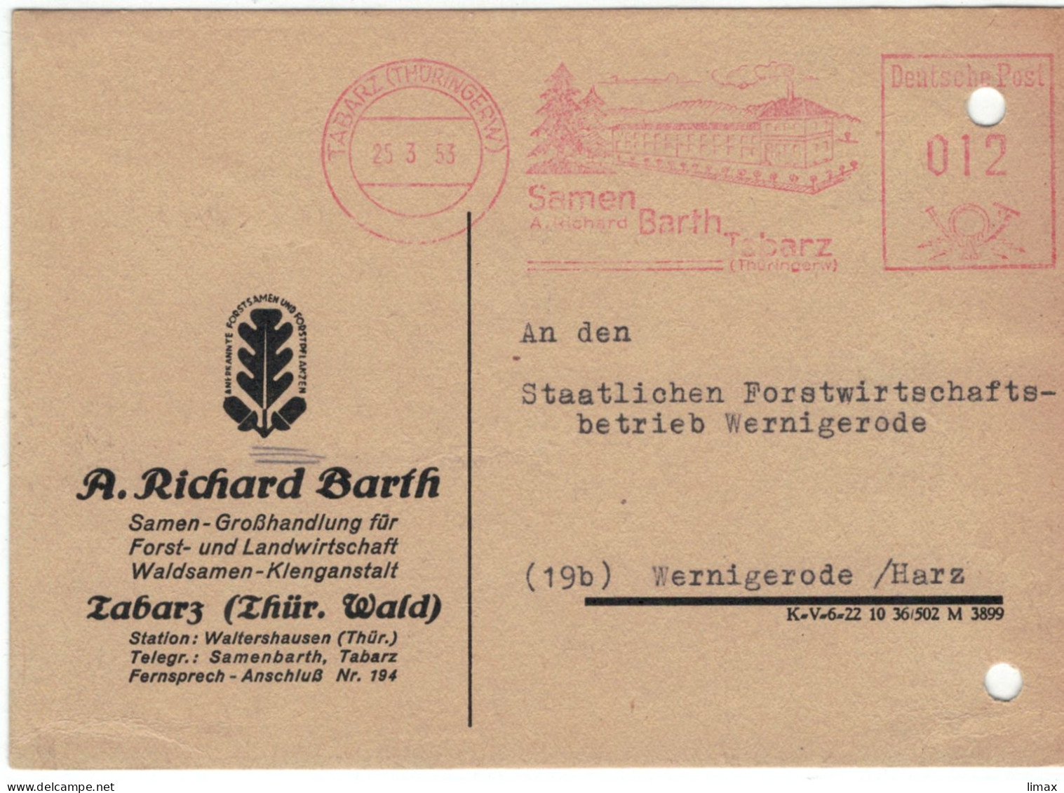 EMA Samen Richard Barth Tabarz 1953 > Staatlicher Forstwirtschaftsbetrieb Wernigerode - Buchhaltung - Aktenlochung - Maschinenstempel (EMA)