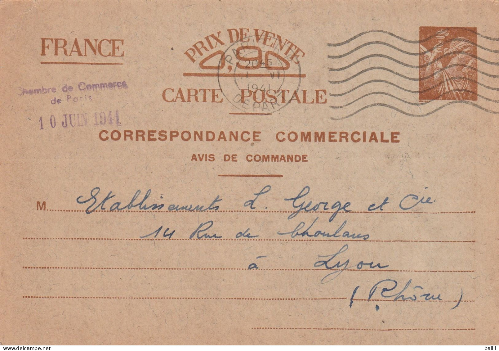 France Entier Postal Type Iris Carte Commerciale 1941 - Enveloppes Types Et TSC (avant 1995)
