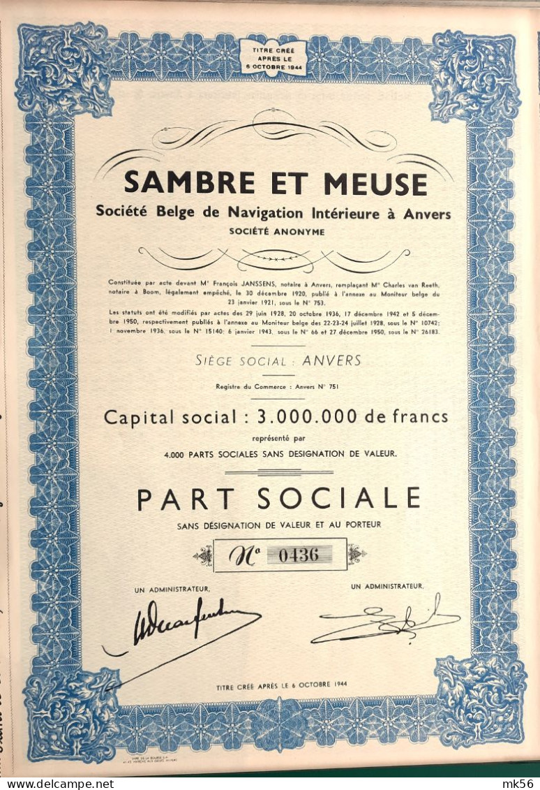 Sambre Et Meuse (société Belge De Navigation Intérieure à Anvers) - 1950 - Schiffahrt