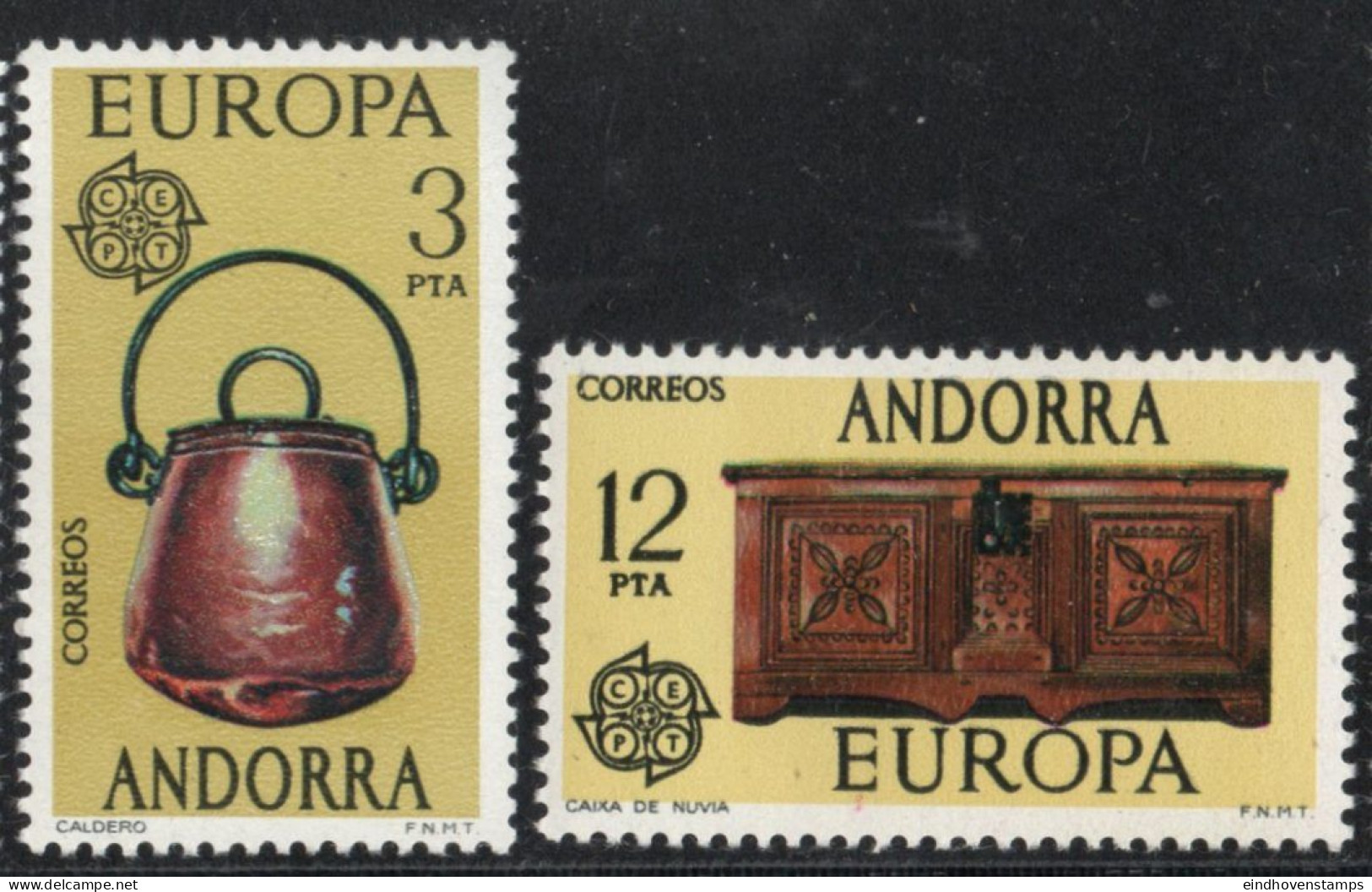 Andorra Spanish Post 1976 Artisanat Handicraft 2 Values MNH Copper Work, Carved Wooden Chest - 1976