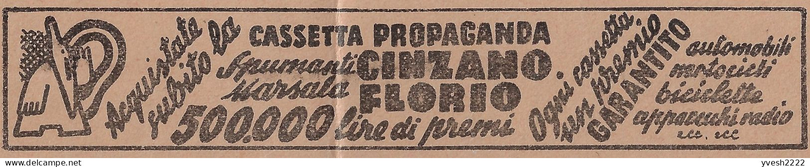 Italie 1935. Télégramme Publicitaire. Vin Mousseux Cinzano, Marsala, Loterie, Automobile, Motos, Vélos, Radio. Auberge - Vins & Alcools