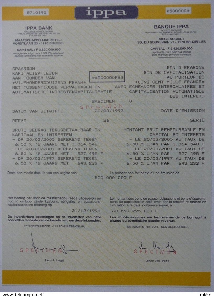 N.V. Ippa Bank - Kapitalisatiebon - 20.03.93 - 500.000 BEF Specimen - Banque & Assurance