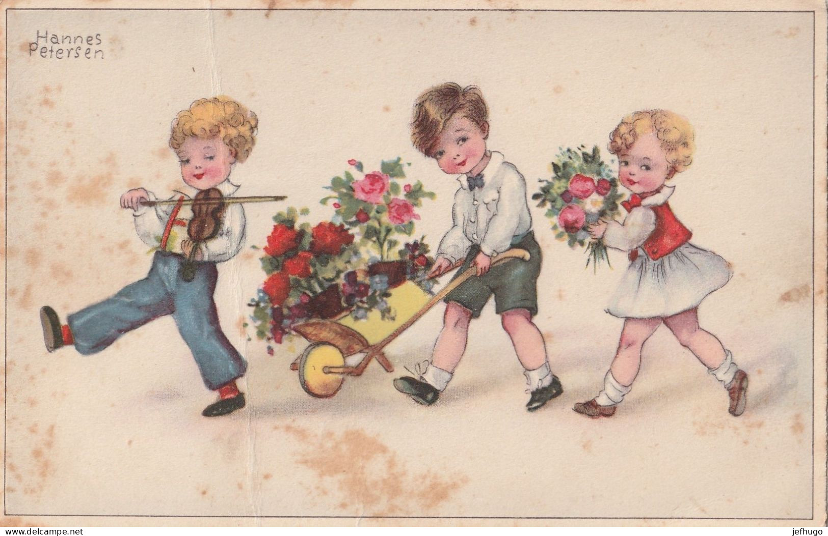 20 - CARTE JOYEUX NOEL . ILL. HANNES PETERSEN . ENFANTS AVEC FLEURS BROUETTE ET VIOLON   . SCAN - Petersen, Hannes