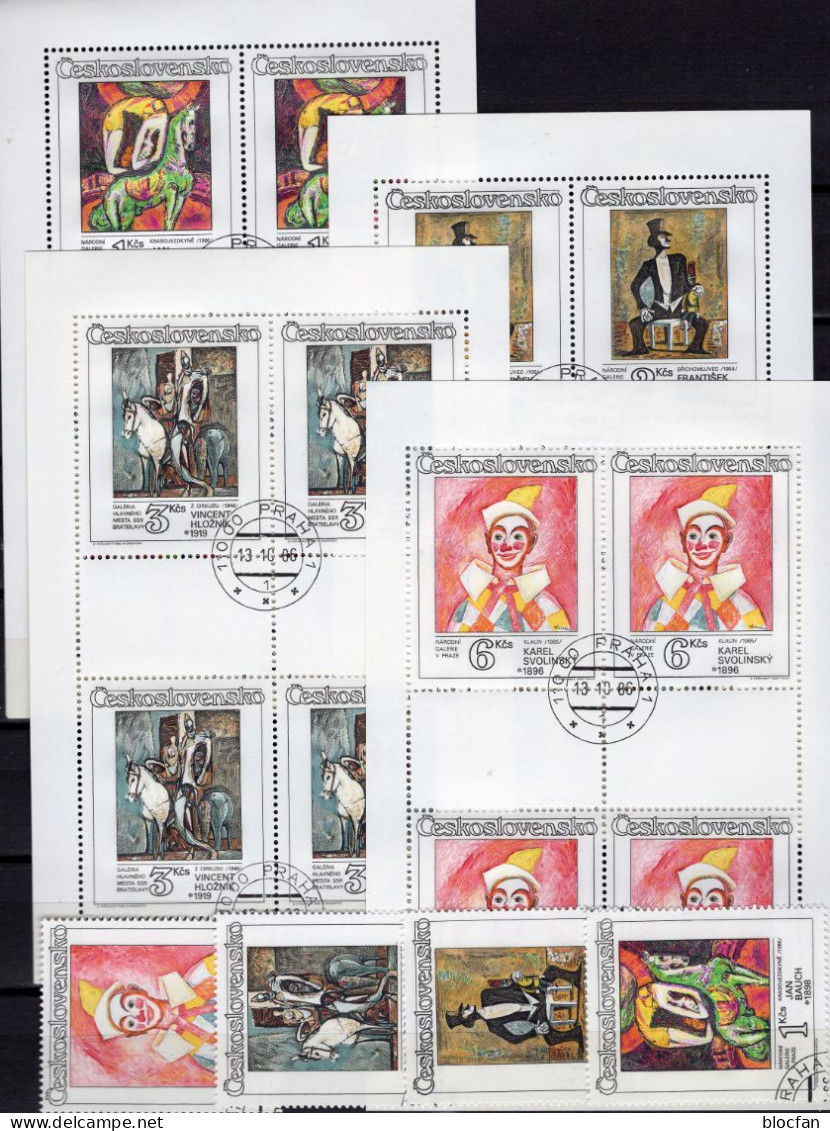 Zirkuskunst 1986 CSSR 2885/8+4x KB O 24€ Gemälde Reiter Clown Kunstreiten Comiker Hoja Art Sheetlets Bf Tschechoslowakei - Gebraucht