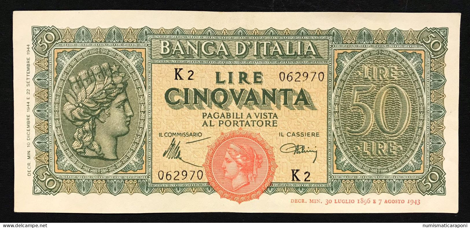 50 LIRE ITALIA TURRITA 10 12 1944  OTTIMO ASPETTO E BEI COLORI BB/spl LOTTO 4828 - 50 Liras