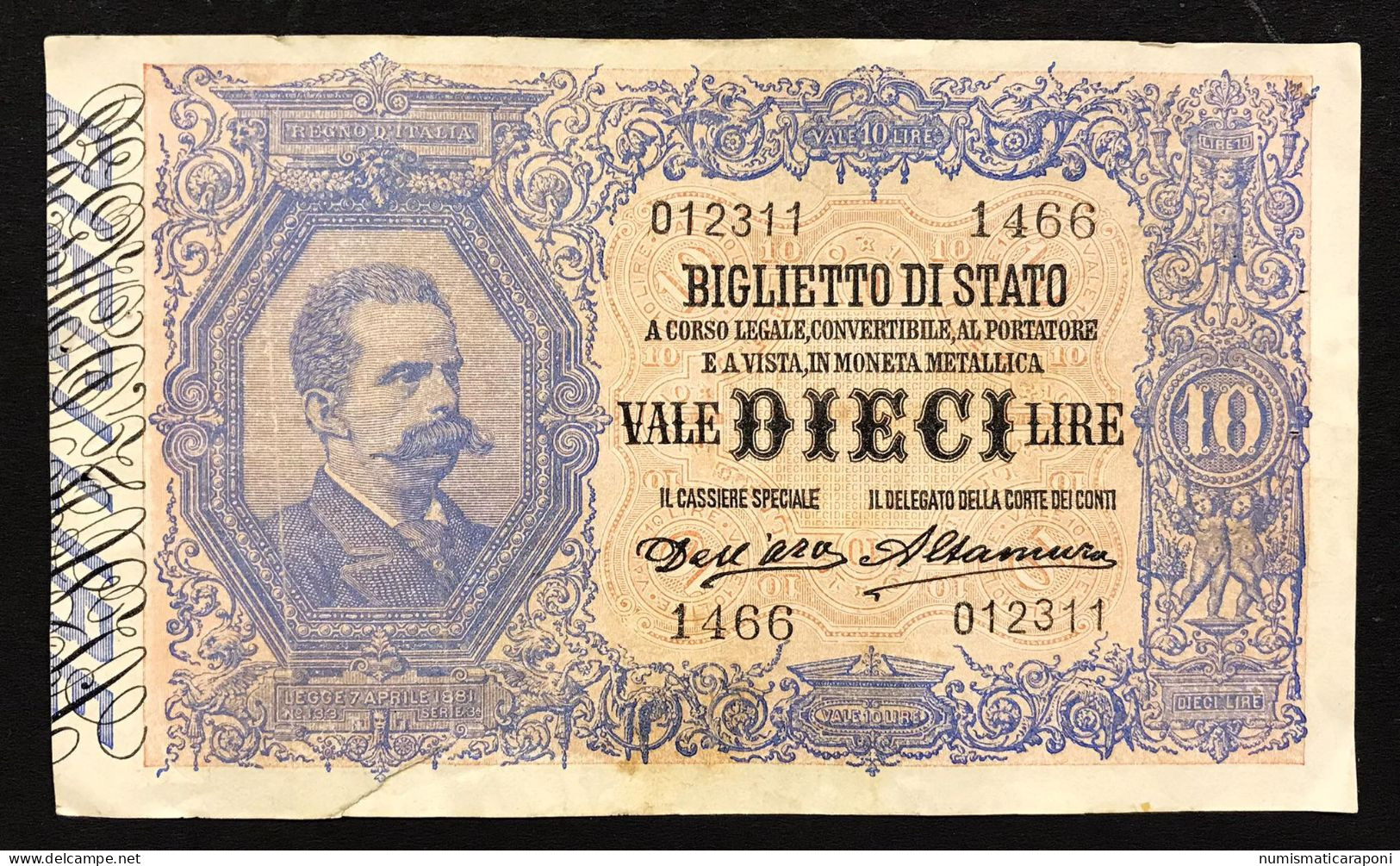 10 LIRE VITTORIO EM. III° Dell'ara Altamura 1911 R3 RRR Taglietto E Forellini Ma Ottima La Carta Ed I Colori LOTTO 4869 - Italia – 10 Lire