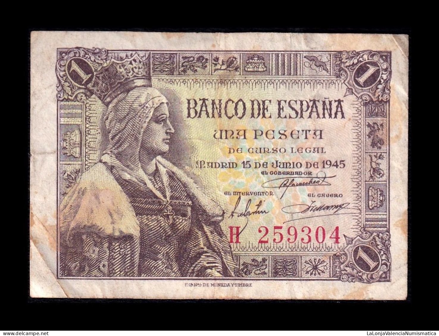 España Spain 1 Peseta Isabel I De Castilla 1945 Pick 128 Serie H Bc/Mbc F/Vf - 1-2 Pesetas