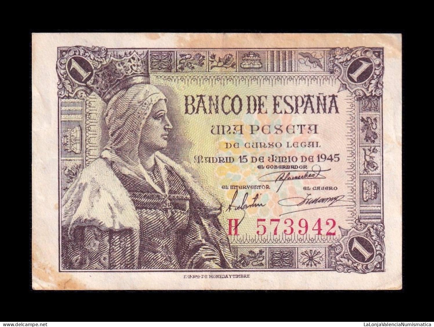 España Spain 1 Peseta Isabel I De Castilla 1945 Pick 128 Serie H Bc/Mbc F/Vf - 1-2 Peseten