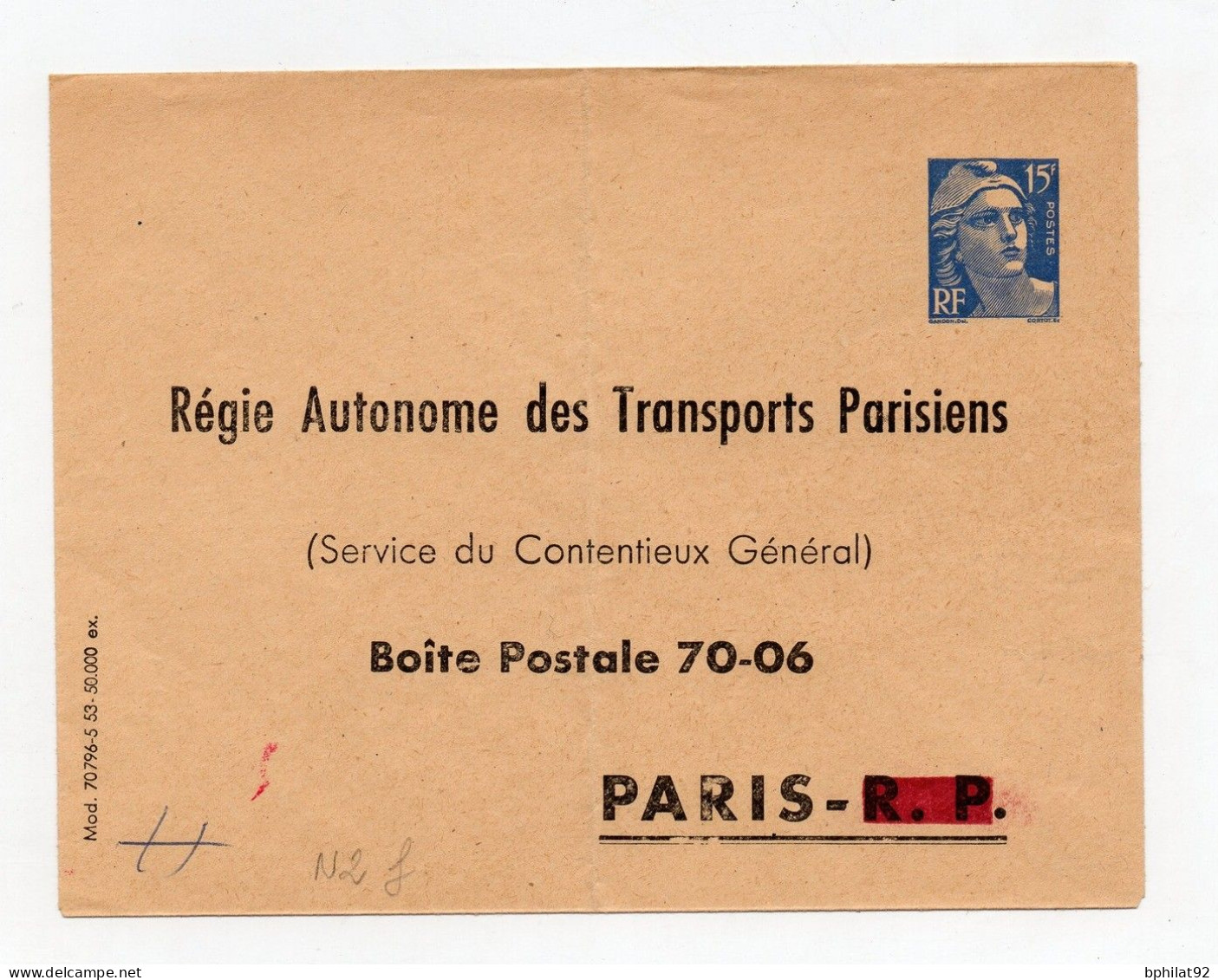 !!! ENTIER 15F MARIANNE DE GANDON TIMBRE SUR COMMANDE REGIE AUTONOME DES TRANSPORTS PARISIENS REF N2F - Enveloppes Types Et TSC (avant 1995)