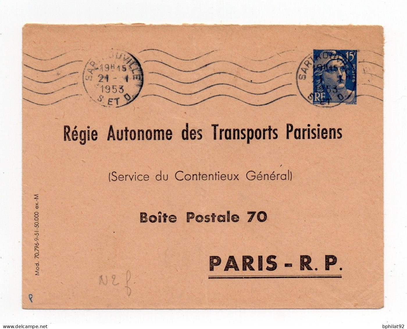 !!! ENTIER 15F MARIANNE DE GANDON TIMBRE SUR COMMANDE REGIE AUTONOME DES TRANSPORTS PARISIENS REF N2F - Enveloppes Types Et TSC (avant 1995)
