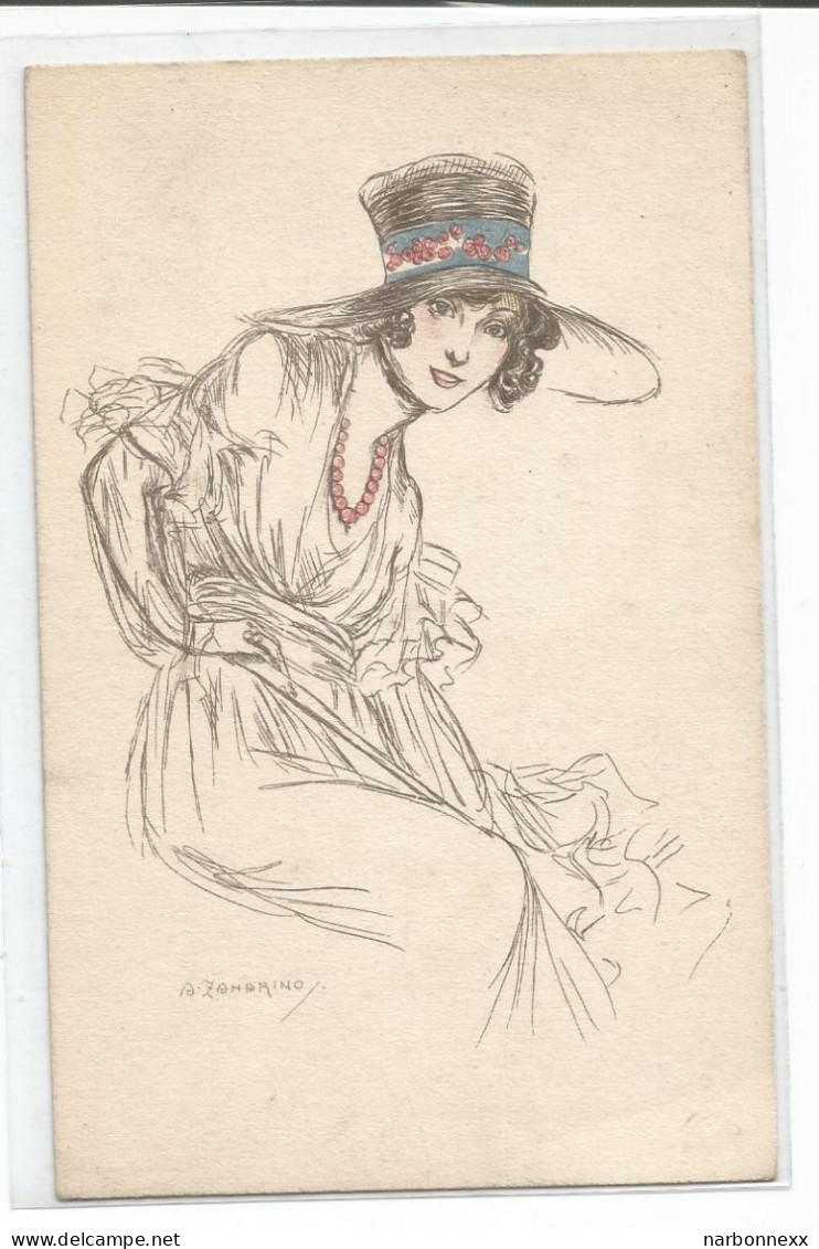 Zandrino. 30.  Belle Carte. Femme Chapeau Noir Avec Ruban Bleu Et Rose - Zandrino