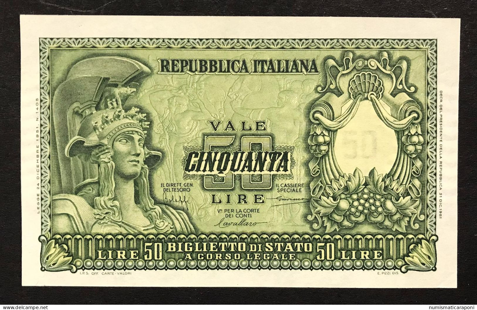 50 Lire Italia Elmata 31 12 1951 Bolaffi Sup/q.fds LOTTO 4872 - 50 Lire