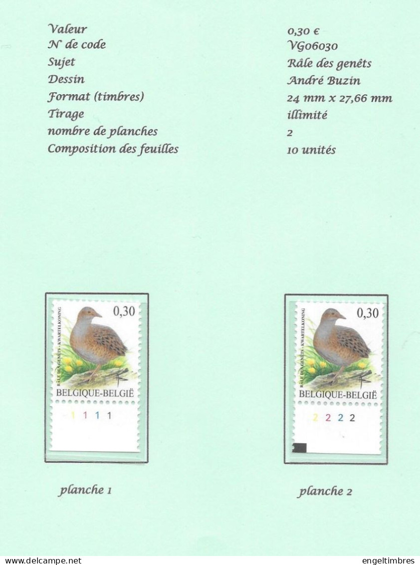 Belgium -  2006 BUZIN Birds - 0,30€   KWAATELKONING/RâLE DES GENETS  Plaatnummers 1 - 2 Postfris - Zie Scan - 2011-..