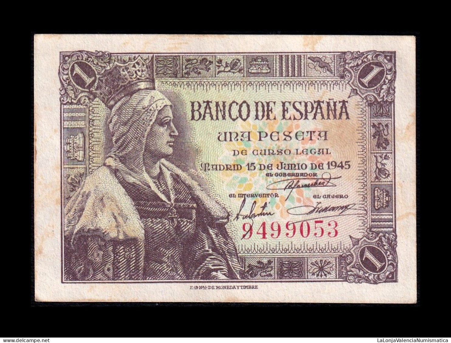 España Spain 1 Peseta Isabel I De Castilla 1945 Pick 128 Sin Serie Ebc Xf - 1-2 Pesetas